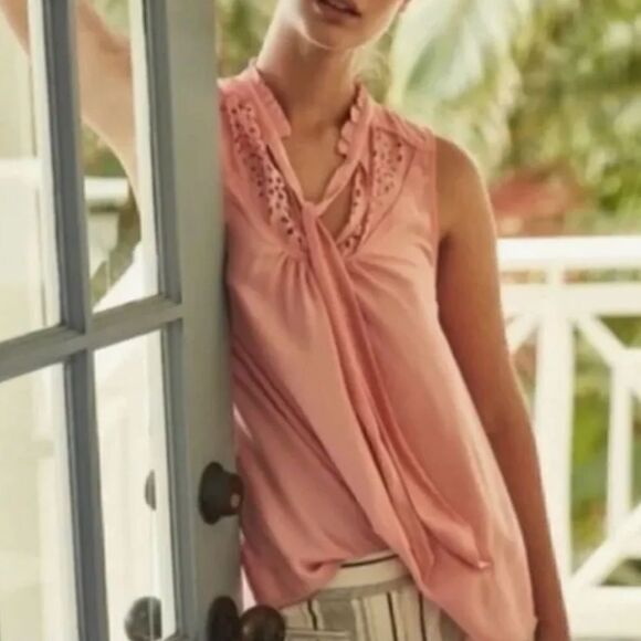 Anthropologie Maeve Sherbert Laser Cut Out Tie Front Top - 8 - Picture 1 of 13